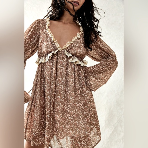 NEW FREE PEOPLE- Pennie Printed Babydoll Mini Dress - Picture 4 of 9